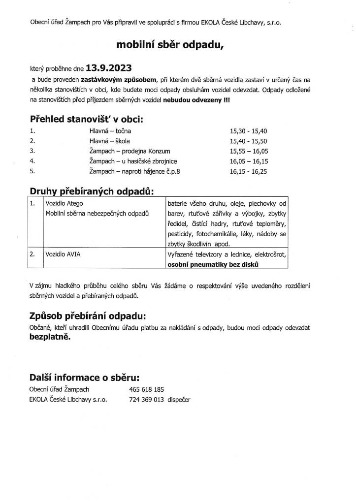 Svoz nebezpečného odpadu - 13.9.2023